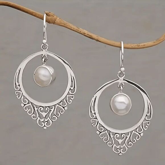Silver Pearl Round Filigree Dangle Earrings - Picture 1 of 5